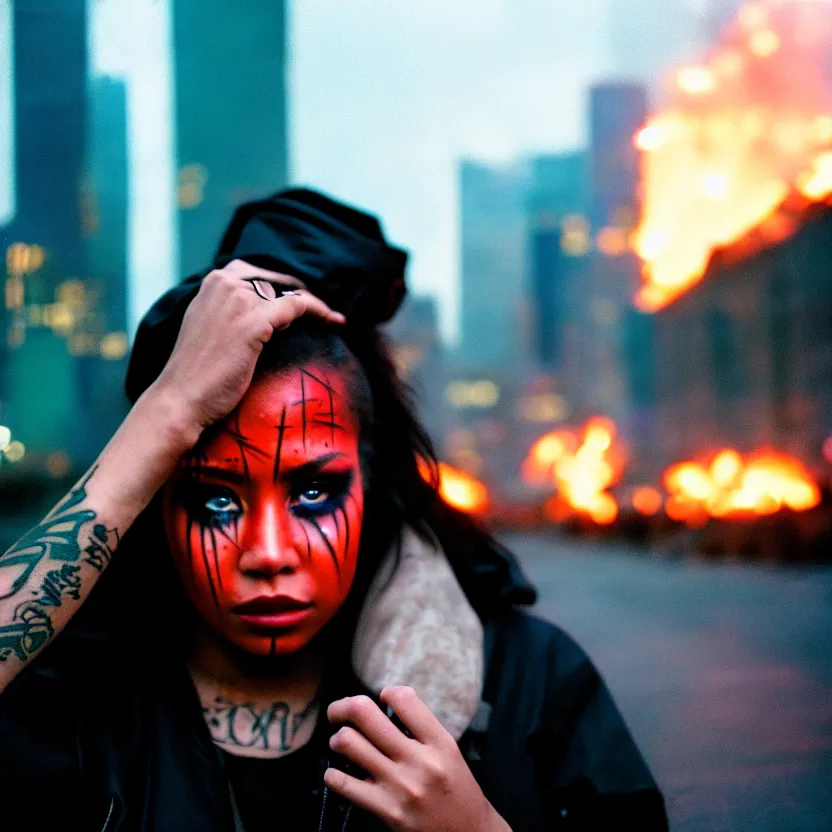 Image similar to Cinestill 50d candid photography of a city on fire, extreme wide shot of a poor techwear mixed woman wearing thick mascara and dark glitter makeup crying outside of a city on fire, tattoos, extreme long shot, full shot, blurry, 4k, 8k, hd, full color