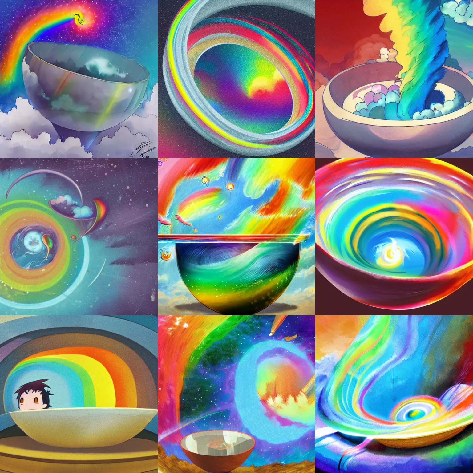 Prompt: a rainbow whirlwind coming from inside a bowl and extracting another world, style studio ghibli, wlop