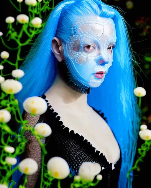 Image similar to symmetrical close - up portrait of a woman wearing a translucent silicone beauty mask and blue hair, wearing a black bodysuit by alexander mcqueen, standing in a garden full of plastic translucent flowers, black background, soft diffused light, biotechnology, humanoide robot, bjork aesthetic, translucent, intricate details, highly detailed, masterpiece,