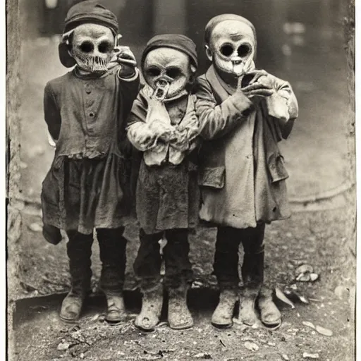 Image similar to portrait of children wearing hobo masks, photograph, style of atget, 1 9 1 0, creepy, dark