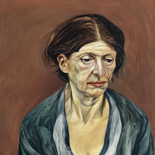 Image similar to Oil painting Portrait of a sad Woman, by Lucian Freud, Abstract brush strokes, Masterpiece