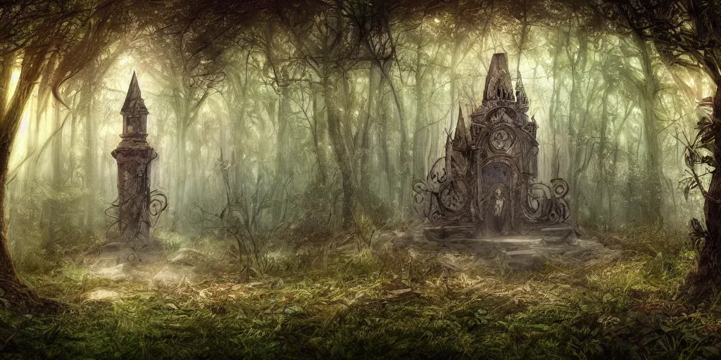 Prompt: digital drawing of a close shot to a mysterious relic in the middle of the forest, fantasy, fantastic, wallpaper, art station