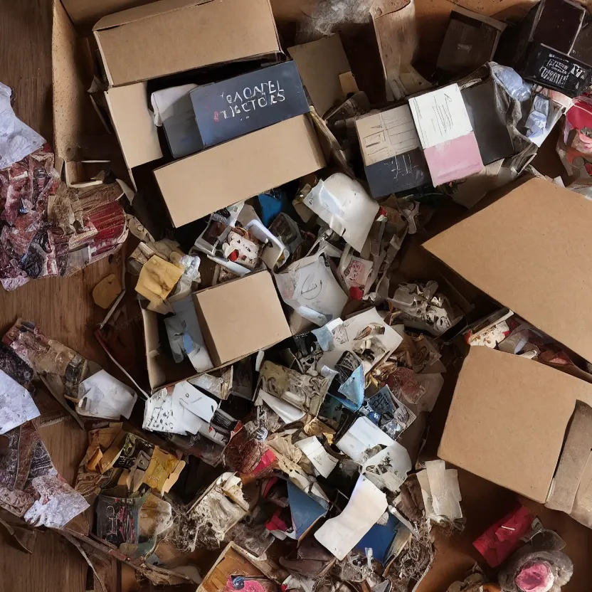 Prompt: a box of many objects, various sizes, indoors, photograph