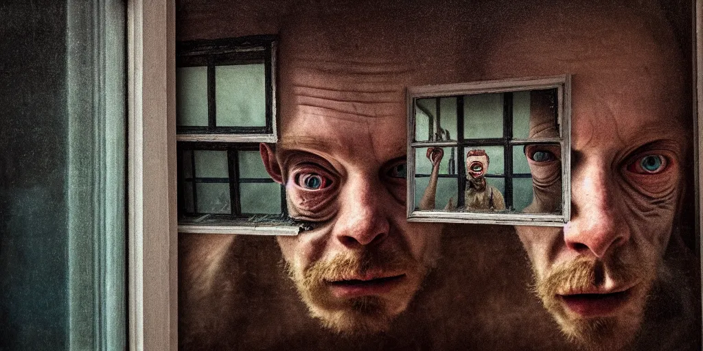 Prompt: detailed analog medium format photo, man looking through window while horrifying entity with deformed face looks at him from outside, artwork by maxim verehin, high production value, intricate details, 8 k resolution, hyperrealistic, hdr, photorealistic, high definition, tehnicolor, award - winning photography, masterpiece, amazing colors, trending on artstation