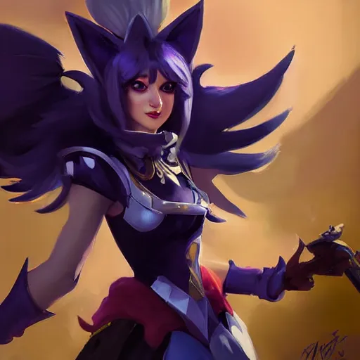 Image similar to greg manchess portrait painting of partially armored ahri from league of legends as overwatch character, medium shot, asymmetrical, profile picture, organic painting, sunny day, matte painting, bold shapes, hard edges, street art, trending on artstation, by huang guangjian, gil elvgren, ruan jia, randy vargas, greg rutkowski