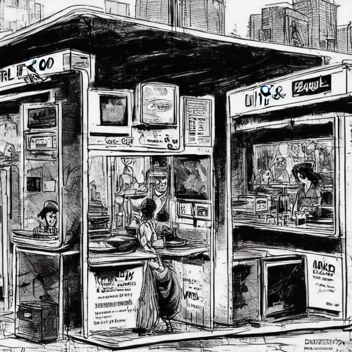 Image similar to poor quality food, water, and gruel : on a table. inside a dirty automated kiosk. bright tasty food options displayed on a wall. black tiles on walls. black and white, pencil and ink. by gabriel hardman, joe alves, chris bonura. cinematic atmosphere, detailed and intricate, perfect anatomy