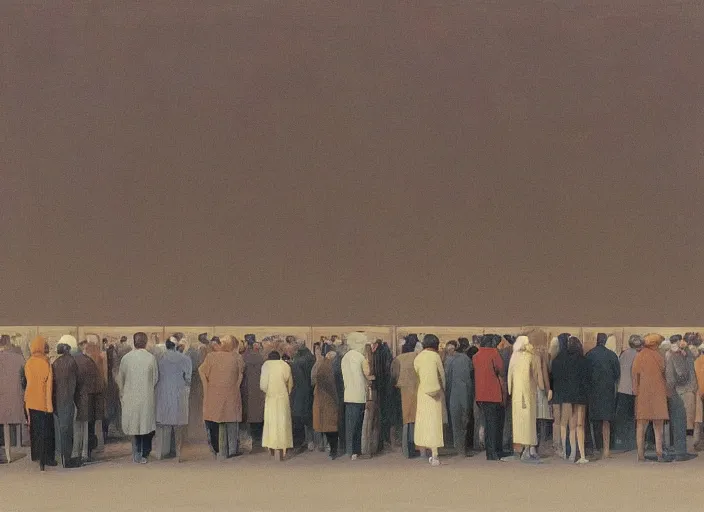 Image similar to crowd waiting in line, science fiction, Edward Hopper and James Gilleard, Zdzislaw Beksinski highly detailed