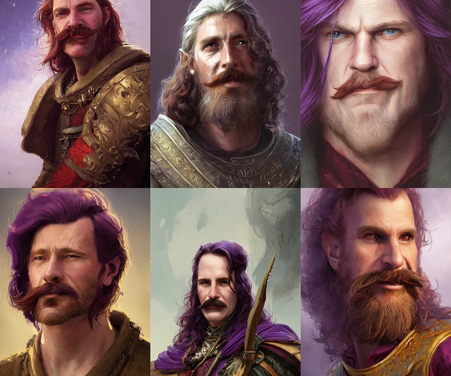 Prompt: half - length portrait of a 6 0 - year - old human male noble with long red hair, mustache and soul patch, no beard, purple noble clothes, medieval setting, detailed face, highly detailed, artstation, concept art, sharp focus, by greg rutkowski, craig mullins, artgerm