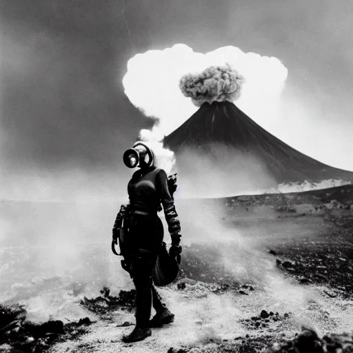 Image similar to A high armored woman with a gasmask standing in front of an erupting volcano, professional photography, black and white, cinematic, eerie