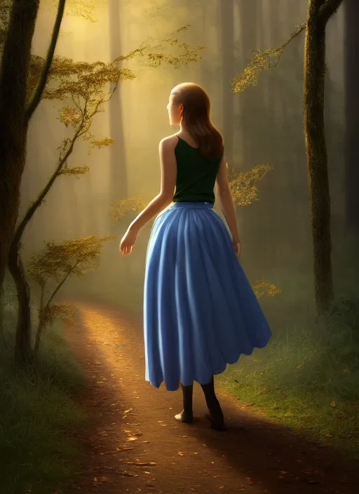 Prompt: young woman walking : : very short blue skirt : : magic raining forest nature : : weta disney pixar movie still photo : : decadent highly - detailed digital painting, full length shot, golden ratio, octane render, artstation, smooth, sharp focus, artgerm, mucha, loish, wlop, gogo