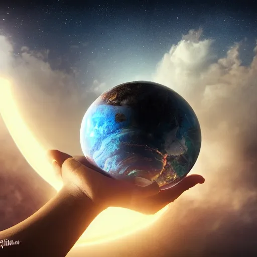 Prompt: a god holding a planet, 8K resolution, HDR, soft focus, macro photography, digital art, ambient occlusion, gothic art, hyperdetailed, Unreal Engine, ethereal