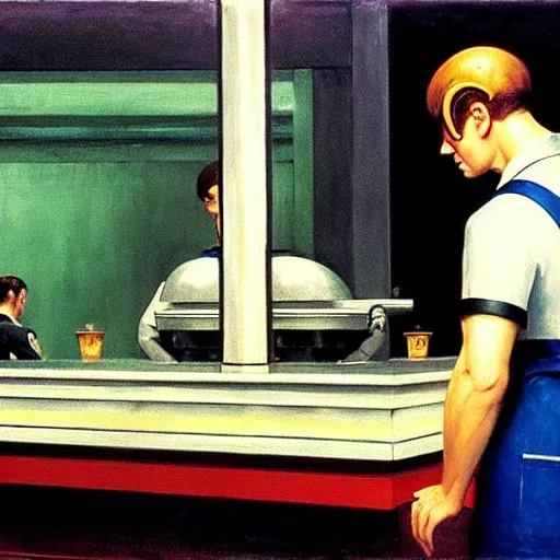 Image similar to the engineer from the movie prometheus, wearing a soiled apron, service shirt order foor in a cyberpunk diner, art by edward hopper, high quality film stock, noir lighting