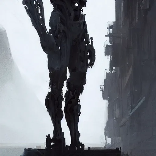 Image similar to concept art by greg rutkowski, a very tall and slender cyborg, similar to a michelangelo, standing in front of a large rectangular looking space, high tech and futuristic white walled environment, unnatural lighting, uncanny atmosphere, frightening and creepy atmosphere, scifi, highly detailed portrait, digital painting, artstation, concept art, smooth, sharp foccus ilustration, artstation hq