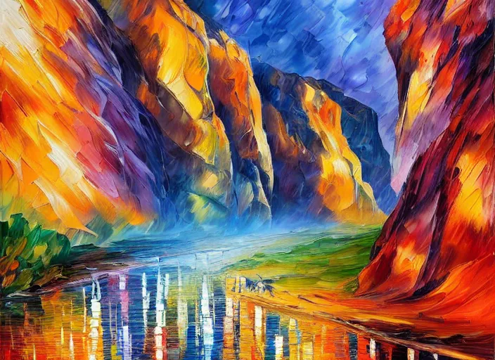 Image similar to palette knife painting of a canyon landscape, by Misun Afremov by Joshua Davison, by Justyna Kopania, by Joseph Lee