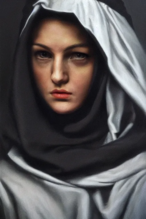 Prompt: hyperrealism oil painting, close - up classicism portrait, fashion model, black hood, complete darkness, in style of classicism mixed with 8 0 s sci - fi hyperrealism