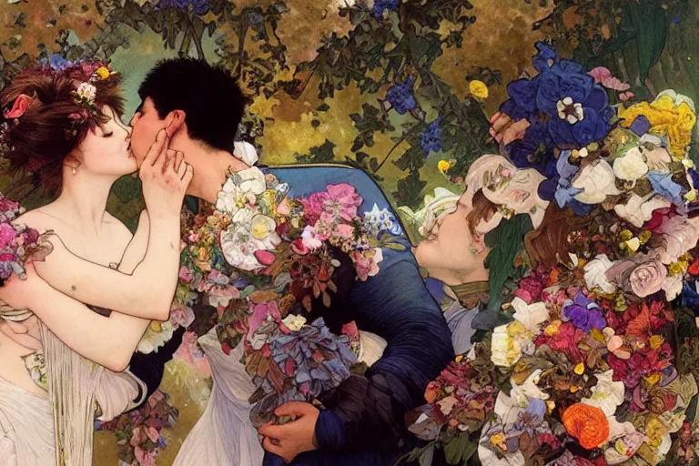 Image similar to the groom kisses the bride at a wedding full of flowers, bright and happy, dreamlike art, highly detail, 4 k realistic, wedding photoy krenz cushart. artem demura. alphonse mucha. yoji shinkawa artgerm. jon lothian. danilo torres. adi meyers. thomas reimann. gaston bussiere.