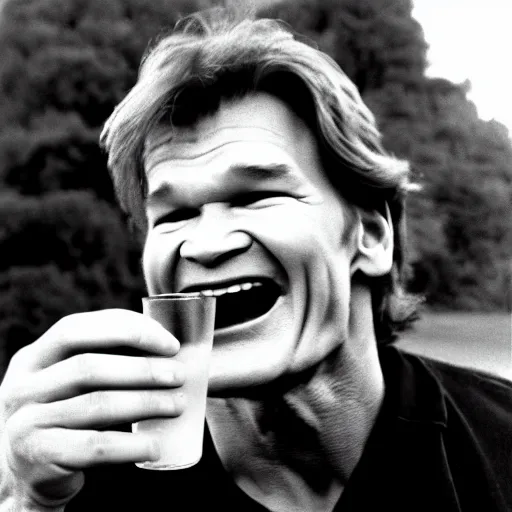 Image similar to patrick swayze eating! a cola cube, in scotland, high quality photograph,