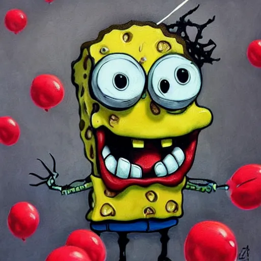 Image similar to grunge painting of spongebob with a wide smile and a red balloon by chris leib, loony toons style, pennywise style, corpse bride style, horror theme, detailed, elegant, intricate