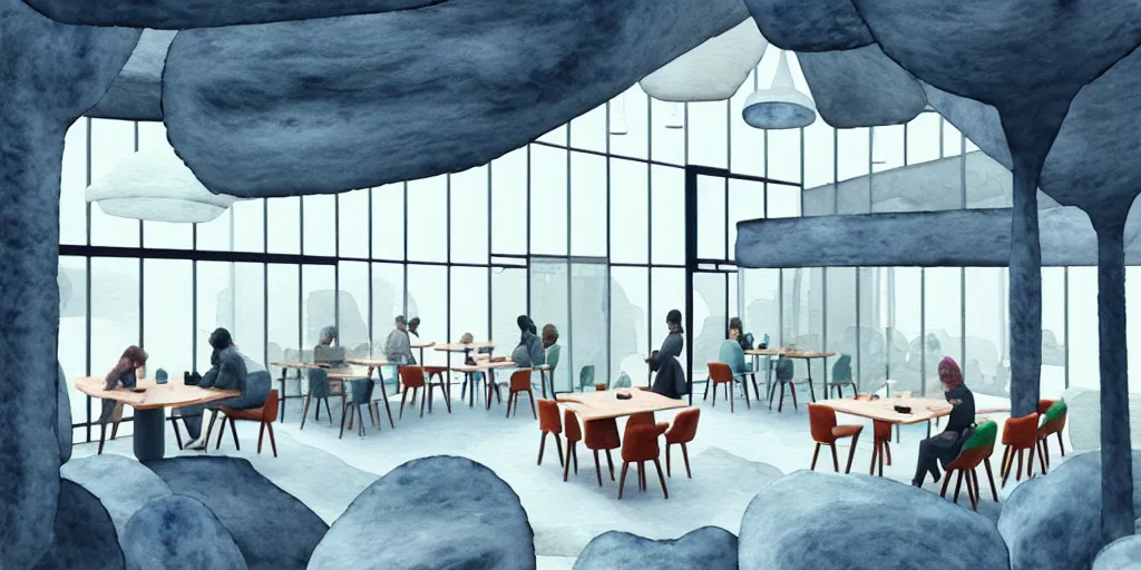 Image similar to an indoor modern cafe, watercolor and wool felting style, design by beeple, isometric style