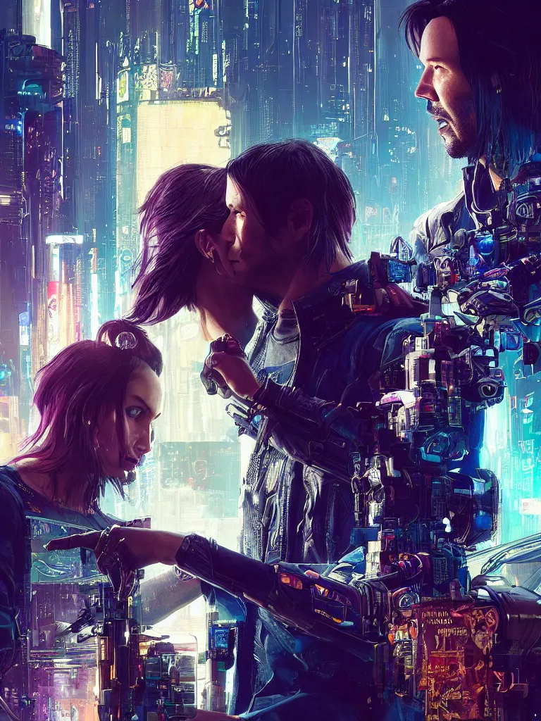 Image similar to a cyberpunk 2077 srcreenshot couple portrait of Keanu Reeves and a female android final kissed in night city,love,film lighting,by Lawrence Alma-Tadema,Andrei Riabovitchev,Laurie Greasley,Dan Mumford,John Wick,Speed,Replicas,artstation,deviantart,FAN ART,full of color,Digital painting,face enhance,highly detailed,8K,octane,golden ratio,cinematic lighting