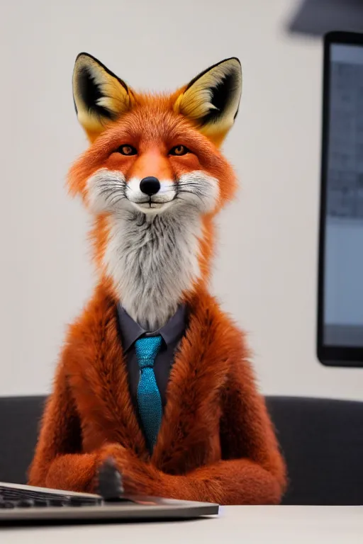 Prompt: anthropomorphic fox that looks like a human, wearing a shirt, business attire, sitting at a desk with a laptop, realistic, colored studio lighting, professional photography, nikon 5 0 mm f / 1. 8 g, canon