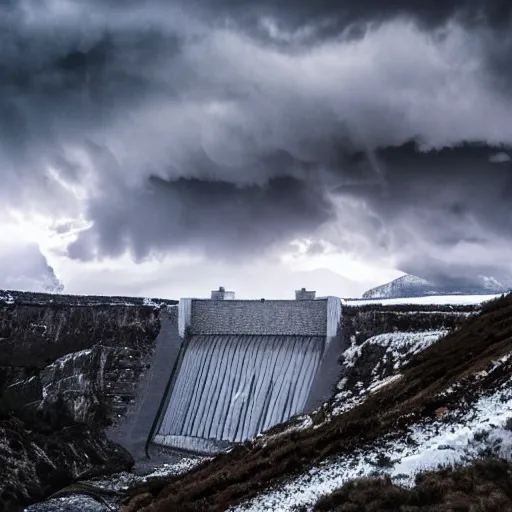 Prompt: a beautiful 3 d gigantic big detail megastructure white basalt wall dam borderland style glowing in cloud across the an ominous stormy snow mountain