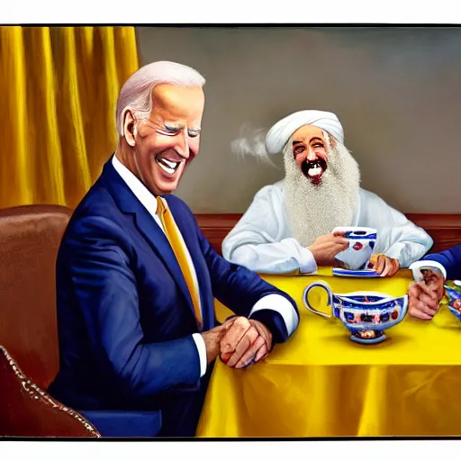 Prompt: a painting of joe biden laugh in tea party with osama bin laden, justify content center, hyper realistic content, frontal hyperdetailed realistic content, sharp focus, intricate, dynamic composition, 2 colors, baroque, delete duplicate content