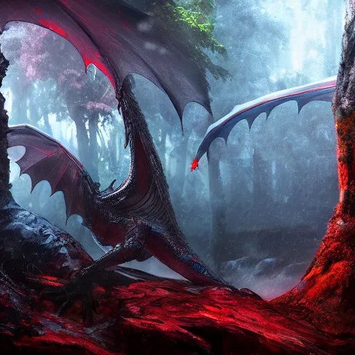 Prompt: dragon red & blue in a rain forest, dramatic lighting, uhd 4 k, artstation, hdr, award - winning, trending