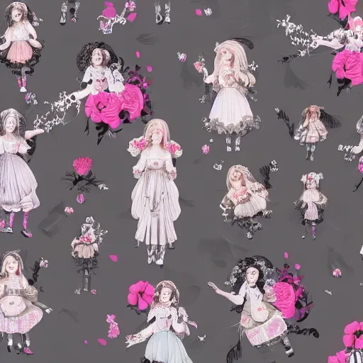 Prompt: renaissance, realistic, group of creepy young ladies pink cheeks wearing renaissance harajuku manga dress pale grey and white flowers, background chaotic flowers