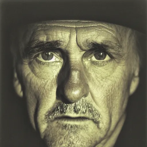 Image similar to portrait, extreme close up, sepia, beautiful light - dennis hopper, stares at the camera, night sky, stars, bruce gilden, leica s, fuji 8 0 0, grainy, low light