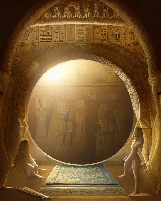 Image similar to greg rutkowski digital painting of an ornate and royal egyptian antechamber tomb, a circular pool in the tomb showing the galaxy, unreal engine, hyper realism, realistic shading, cinematic composition, blender render, octane render, hdr, detailed textures, photorealistic, ultrawide shot, 3 5 mm film