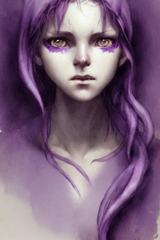 Image similar to character art by jean - baptiste monge, young woman, purple hair, glowing purple eyes