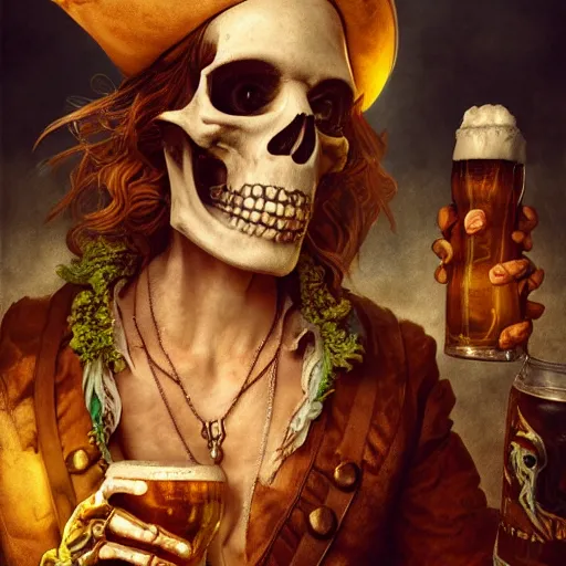 Image similar to pirate skeleton drinking beer by Annie Leibovitz M.W. Kaluta, josephine wall, green wood, nature, 8k resolution, octane render, Trending on artstation, by Justin Gerard and Haeckel. Artstation, volumetric light