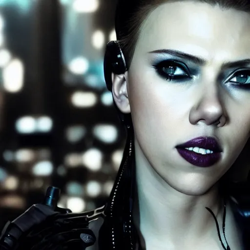 Image similar to scarlett johansson as a cyberpunk cyborg goth woman, pale skin, sensual, beautiful soft light failling on her face, studio photography, nikon 3 5 mm portrait photography, ultra realistic