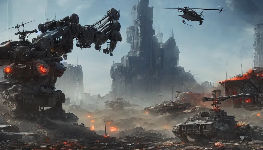 Prompt: Tanks and helicopters shooting at a giant robot in a destroyed city, hyperdetailed, artstation, cgsociety, 8k