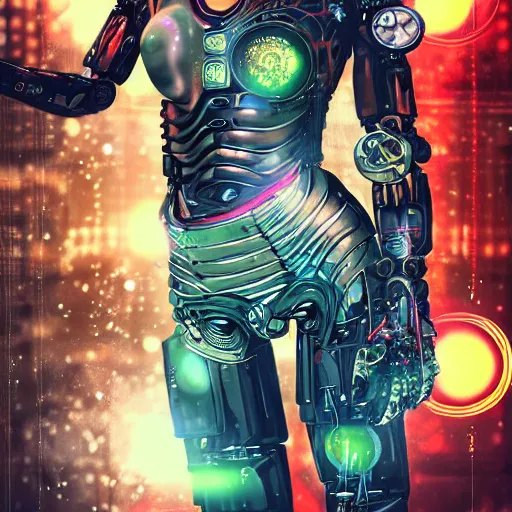 Prompt: Photoreal Character design of science fiction, human enhanced Cyborg with customised robot body. Self expression, tattoos, street wear, colourful paint, stylish, urban, cinematic