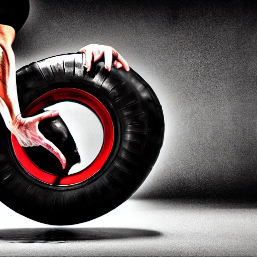 Image similar to car jump, bodybuilder, woman, holding, photo, digital art, hands, underbody, tire, throw, standing