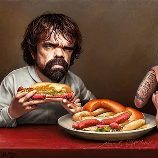 Image similar to portrait of peter dinklage sharing hotdogs with scarlett johansson, an oil painting by ross tran and thomas kincade w 7 6 8