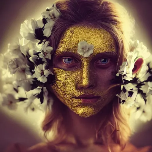 Image similar to The full body shot of beautiful pale lady with a while flower and full-face golden mask in a rocky desert background, multiple eyes and eyes reflection, long hair, photography, wide shot, day, cinematic composition, practical effects, award winning photo, 8k