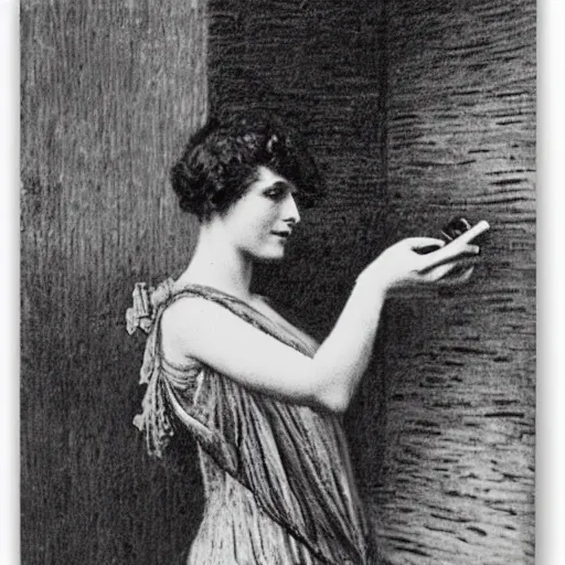 Prompt: 1 9 1 0 s woman taking a selfie with an iphone, style of gustave dore