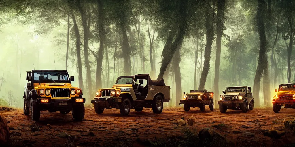 Image similar to Mahindra thar, in kerala forest, tigers and lions chasing, action scene, an epic fantasy, dramatic lighting, cinematic, establishing shot, extremely high detail, photorealistic, cinematic lighting, matte painting, artstation, by simon stalenhag, horizon forbideen west