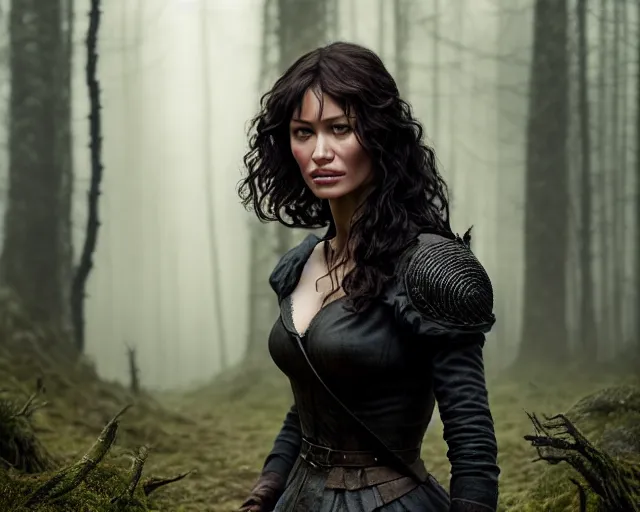 Image similar to 5 5 mm portrait photo of olga kurylenko as real life tough looking yennefer of vengerberg in black leader armor, in a forest. magical atmosphere. art by greg rutkowski. highly detailed 8 k. intricate. lifelike. soft light. nikon d 8 5 0.