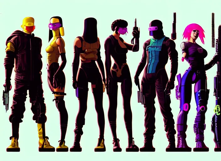 Prompt: cyberpunk ninja squad. portrait by stonehouse and mœbius and will eisner and gil elvgren and pixar. character design. realistic proportions. cyberpunk 2 0 7 7 character art, blade runner 2 0 4 9 concept art. cel shading. attractive face. thick lines. the team. diverse characters. artstationhq.