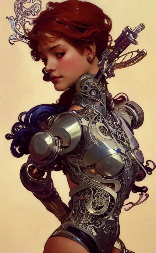 Prompt: cyborg, intricate, beautiful, highly detailed, elegant, artstation, concept art, smooth and sharp focus, rpg artwork, illustration, painting by ilya kuvshinov, alphonse mucha, gaston bussiere, art adams, craig mullins, j. c. leyendecker, rene maritte, tian zi, wlop, alsphonse mucha, artgerm