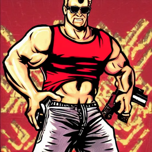 Image similar to Duke Nukem, red tank-top, Duke Nukem 90s cover art style