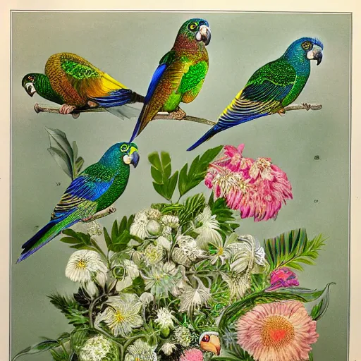 Prompt: beautiful elegant ernst haeckel!!!! illustration of many greek cheek conures!!!!!! and flowers, ( greek cheek conure ) ( green cheeked parakeet ) ( pyrrhura molinae )