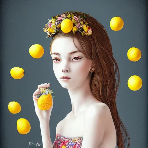 Image similar to the portrait of an absurdly beautiful, graceful, elegant, sophisticated, young teen girl made up of lemons looking up, an ultrafine hyperdetailed illustration by kim jung gi, irakli nadar, intricate linework, bright colors, octopath traveler, final fantasy, unreal engine 5 highly rendered, global illumination, radiant light, detailed and intricate environment