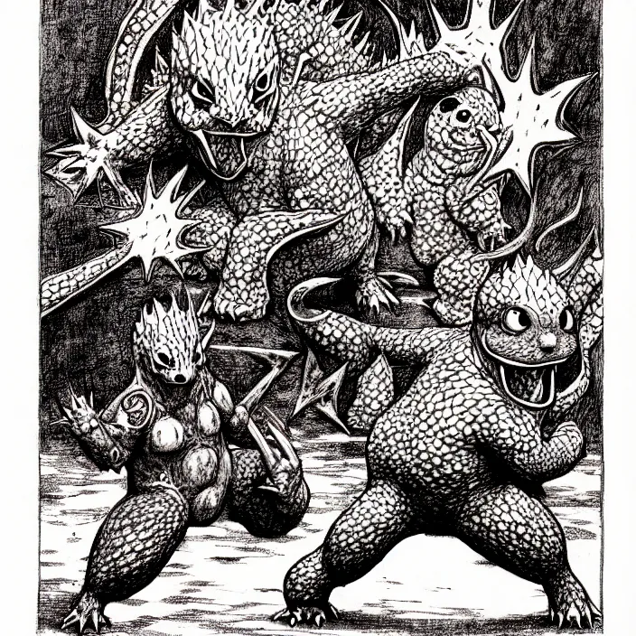 Image similar to charmander as a d & d monster, full body, pen - and - ink illustration, etching, by russ nicholson, david a trampier, larry elmore, 1 9 8 1, hq scan, intricate details, inside stylized border