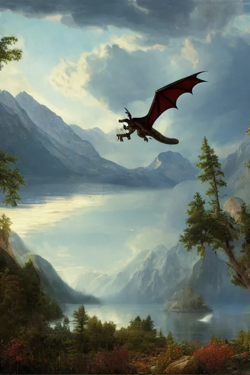 Prompt: epic dragon flying above the lake, early morning, matte painting, by Isaac Levitan and Asher Brown Durand