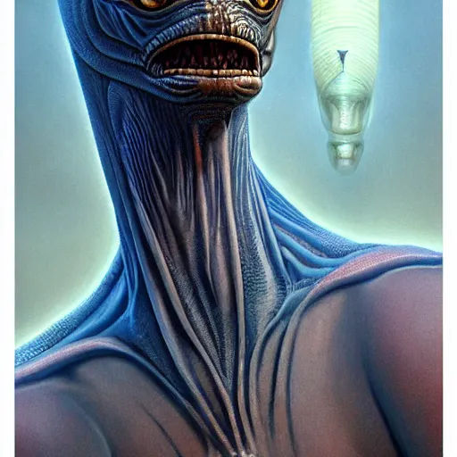 Image similar to facial portrait of tall, long-necked lipless mutant with scaled face and serpent eyes wearing gauze toga and standing in science fiction art deco mosque, alien bestiary by Barlowe, Greg Rutkowski, and Yoshitaka Amano